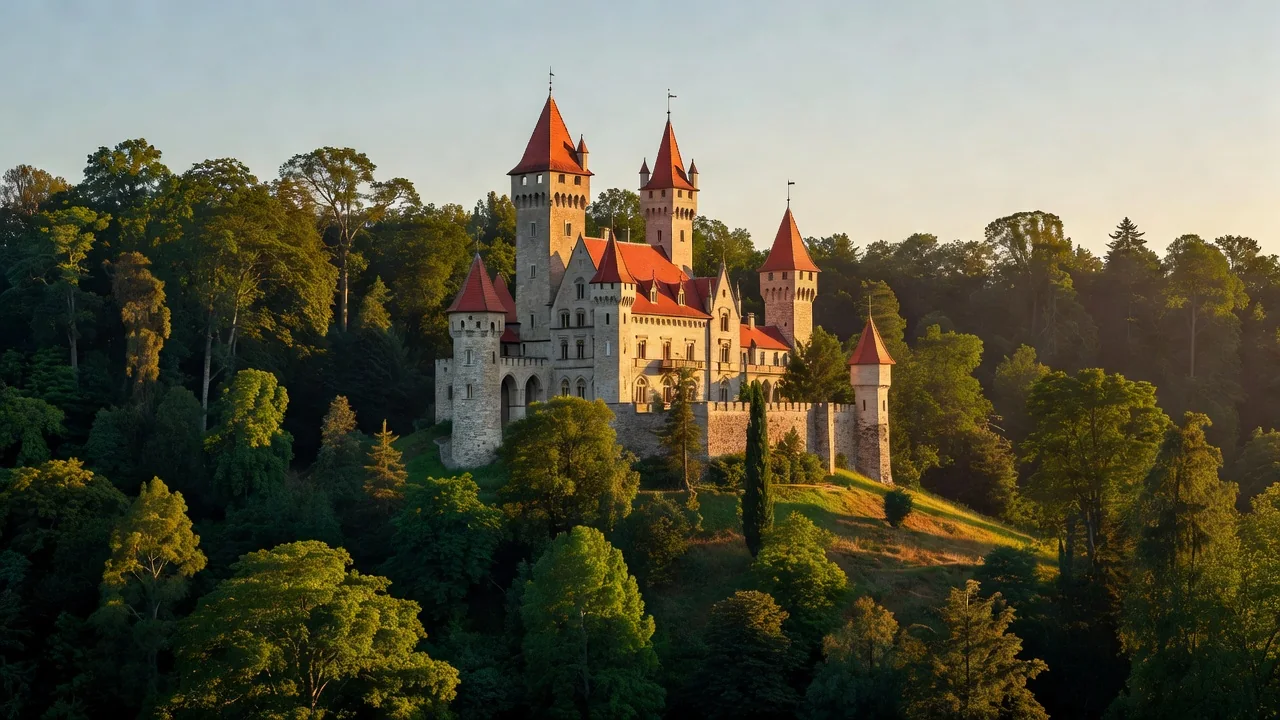 Romantický hrad Bouzov na kopci nad moravskou krajinou