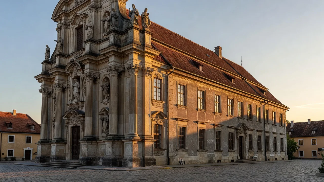 Barokní kostelní věž a klášterní budovy ve Šternberku