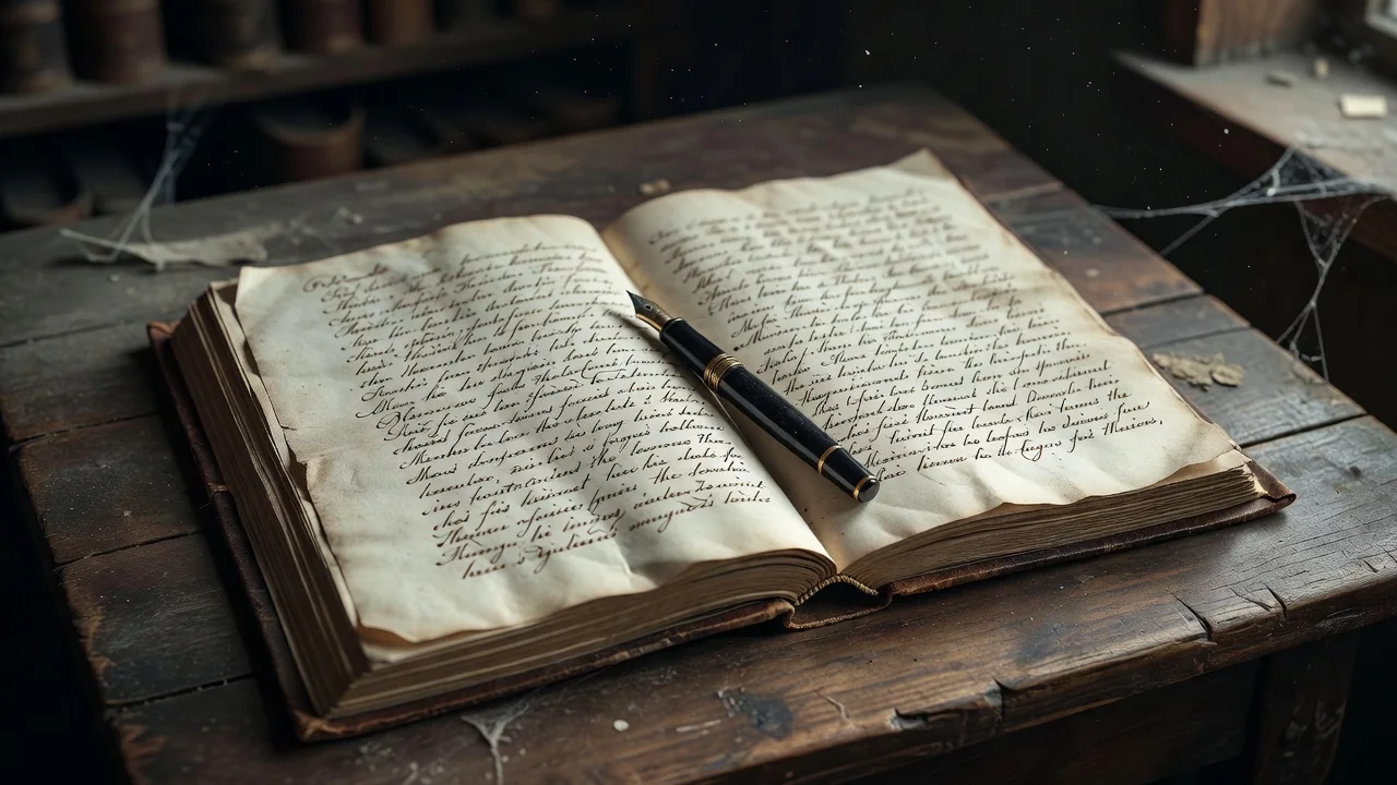 Rozložená rukou psaná kronika na stole v městském archivu