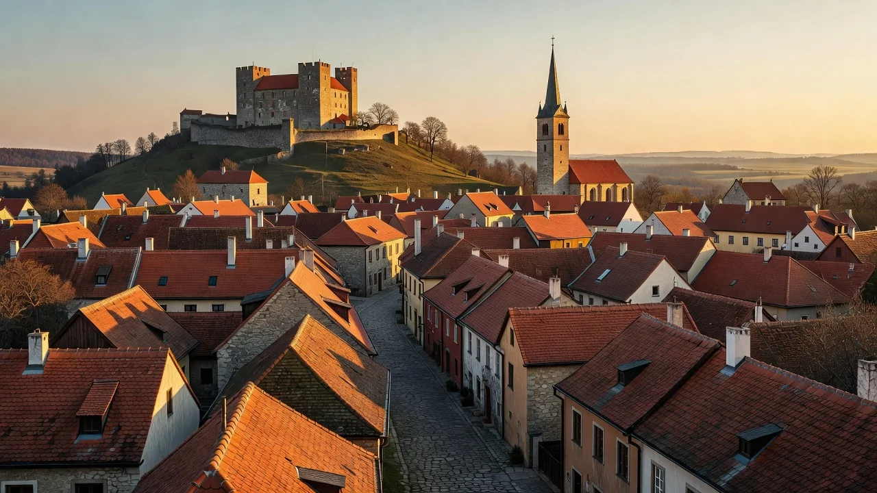 Panorama Šternberka s hradem a věží kostela nad střechami