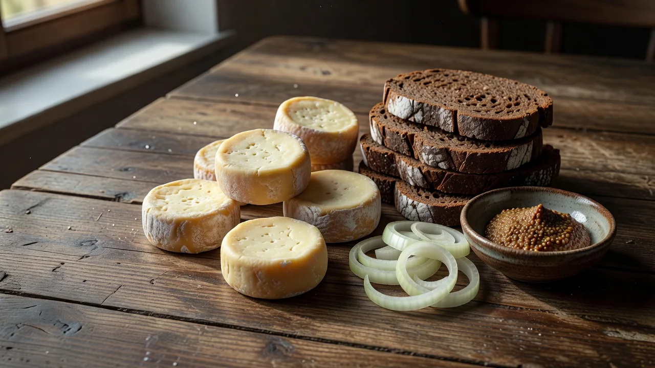 Venkovský stůl s tvarůžky, chlebem, cibulí a hořčicí