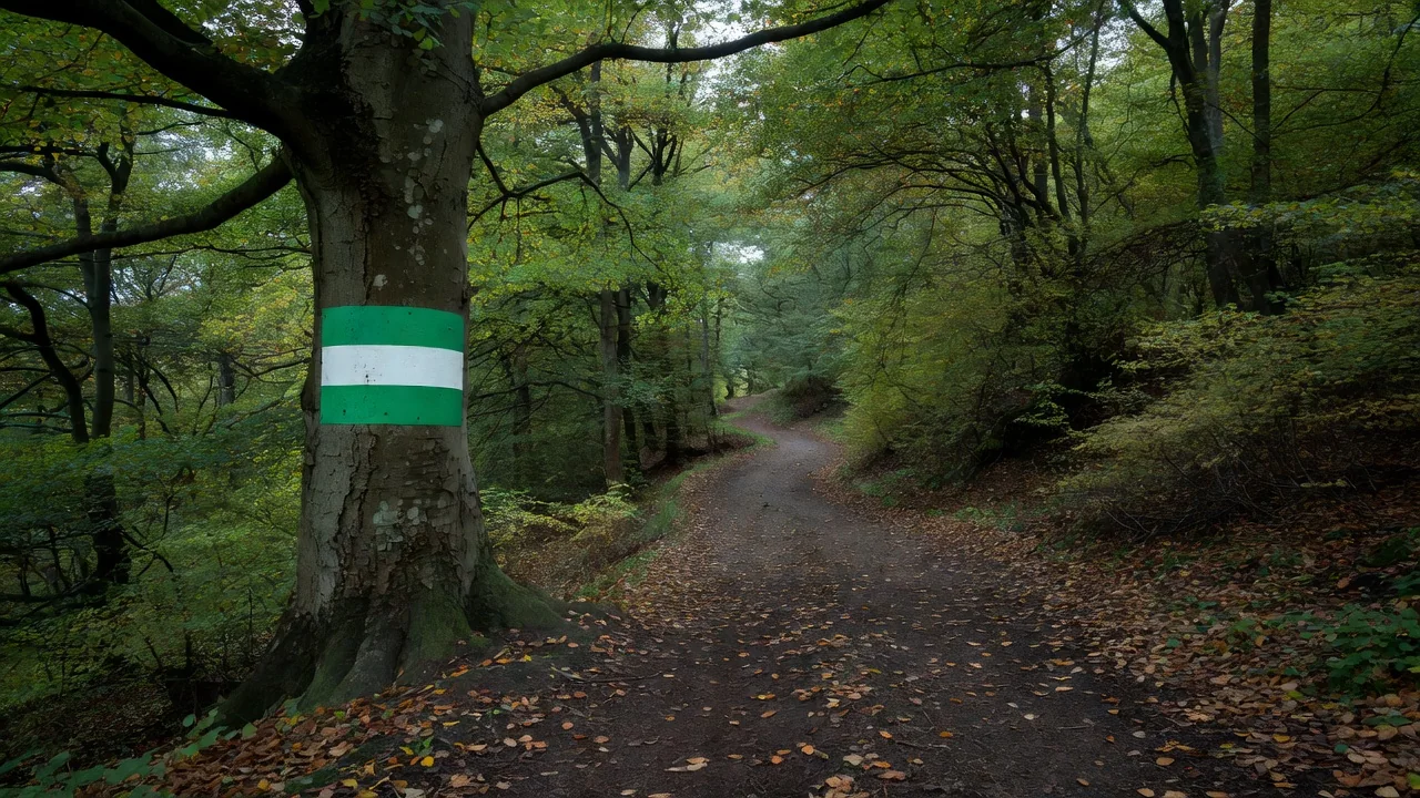 Zelená turistická značka na buku u lesní cesty v Nízkém Jeseníku