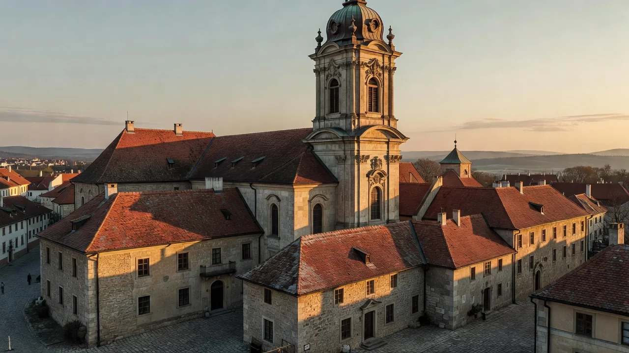 Barokní kostelní věž a klášterní budovy ve Šternberku