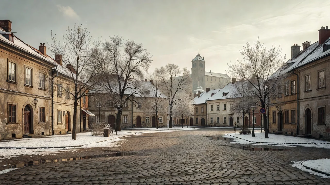Historické náměstí ve Šternberku v zimním světle