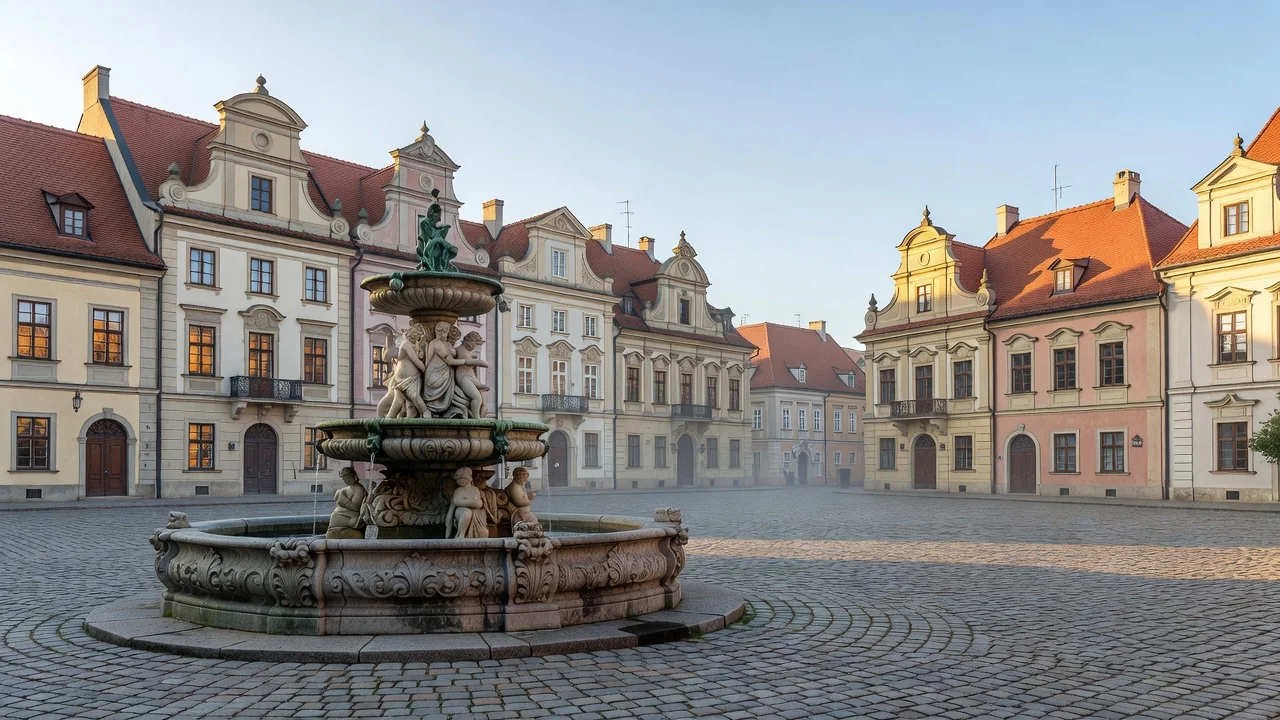 Historické náměstí s kašnou a renesančními domy ve Šternberku