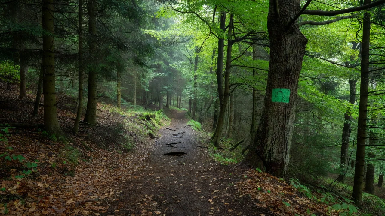Lesní pěšina se zelenou turistickou značkou v Nízkém Jeseníku