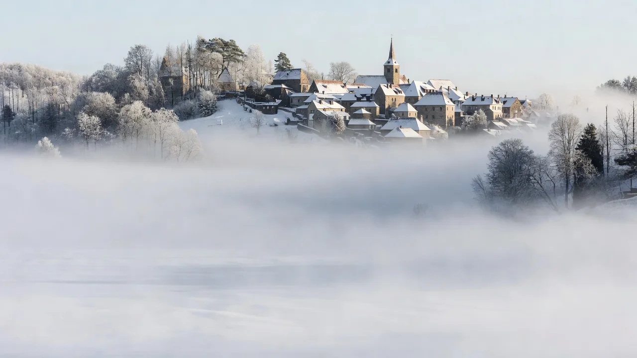 Mrazivá zimní krajina s inverzní mlhou v údolí pod městem